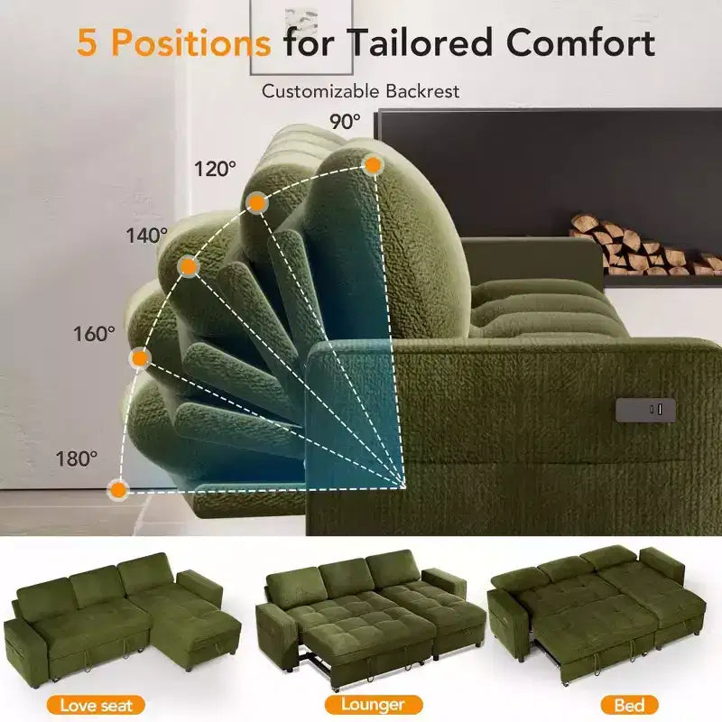 Divano componibile Dyonery Sleeper con letto estraibile, chaise longue contenitore, schienale regolabile e USB, ciniglia