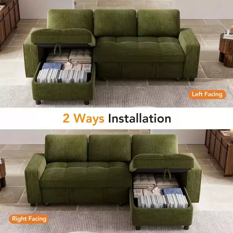 Divano componibile Dyonery Sleeper con letto estraibile, chaise longue contenitore, schienale regolabile e USB, ciniglia