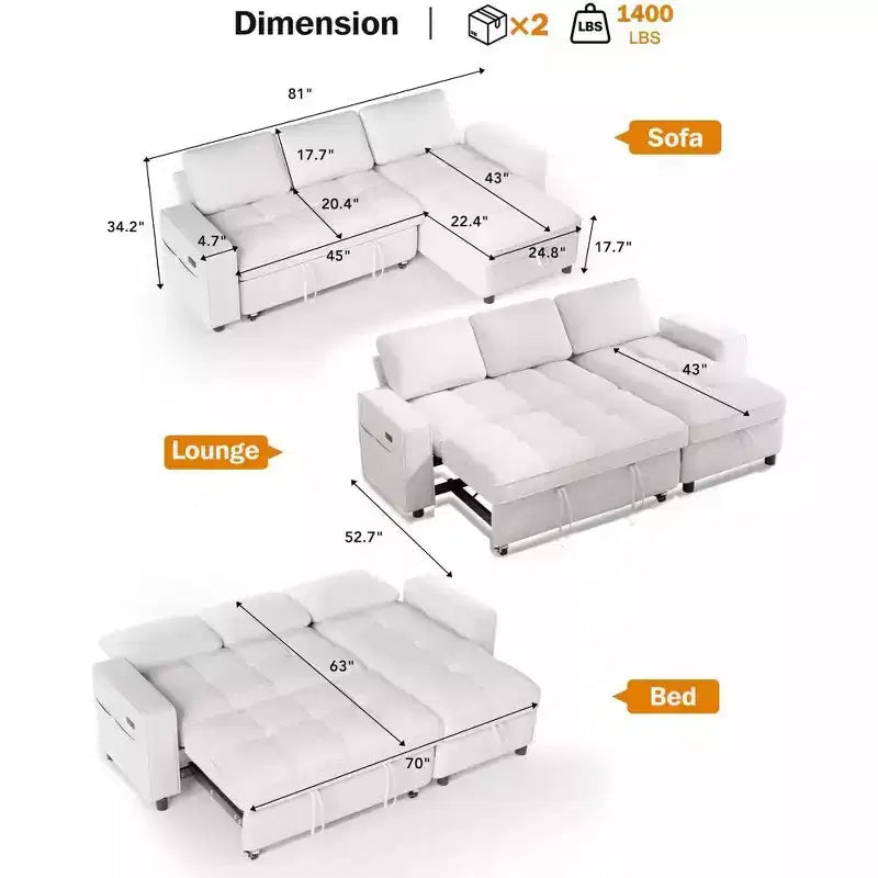 Divano componibile Dyonery Sleeper con letto estraibile, chaise longue contenitore, schienale regolabile e USB, ciniglia