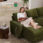 Divano componibile Dyonery Sleeper con letto estraibile, chaise longue contenitore, schienale regolabile e USB, ciniglia