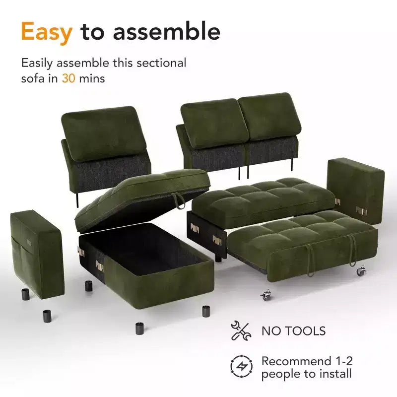 Divano componibile Dyonery Sleeper con letto estraibile, chaise longue contenitore, schienale regolabile e USB, ciniglia