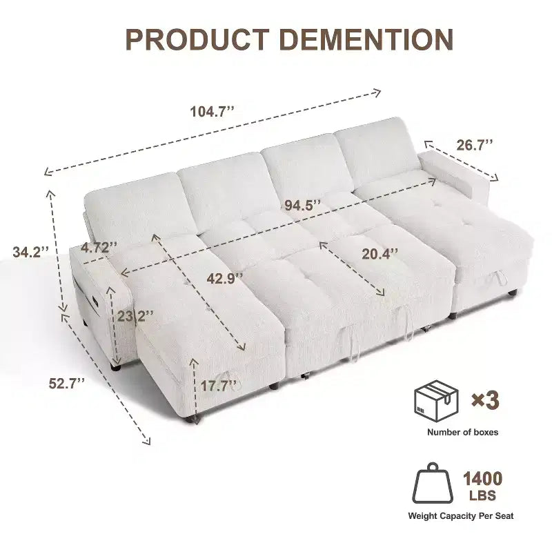 Divano componibile Dyonery Sleeper con letto estraibile, chaise longue contenitore, schienale regolabile e USB, ciniglia