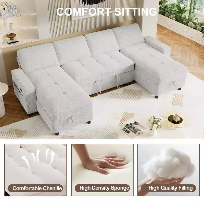 Divano componibile Dyonery Sleeper con letto estraibile, chaise longue contenitore, schienale regolabile e USB, ciniglia