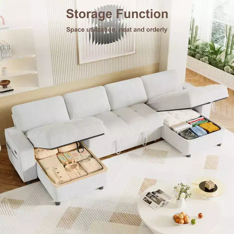 Divano componibile Dyonery Sleeper con letto estraibile, chaise longue contenitore, schienale regolabile e USB, ciniglia