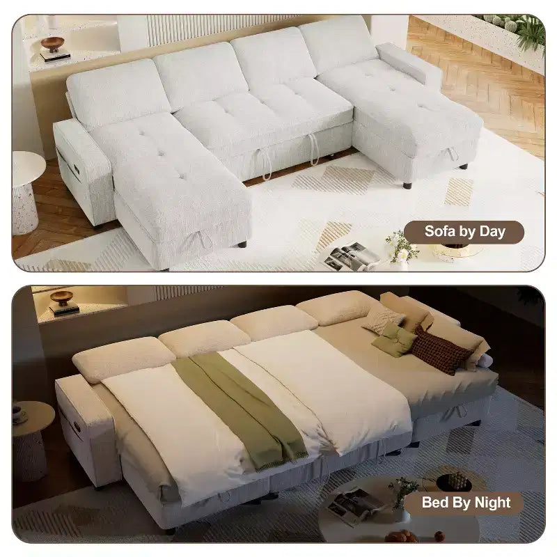 Divano componibile Dyonery Sleeper con letto estraibile, chaise longue contenitore, schienale regolabile e USB, ciniglia