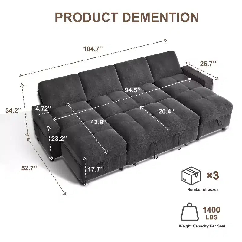 Divano componibile Dyonery Sleeper con letto estraibile, chaise longue contenitore, schienale regolabile e USB, ciniglia