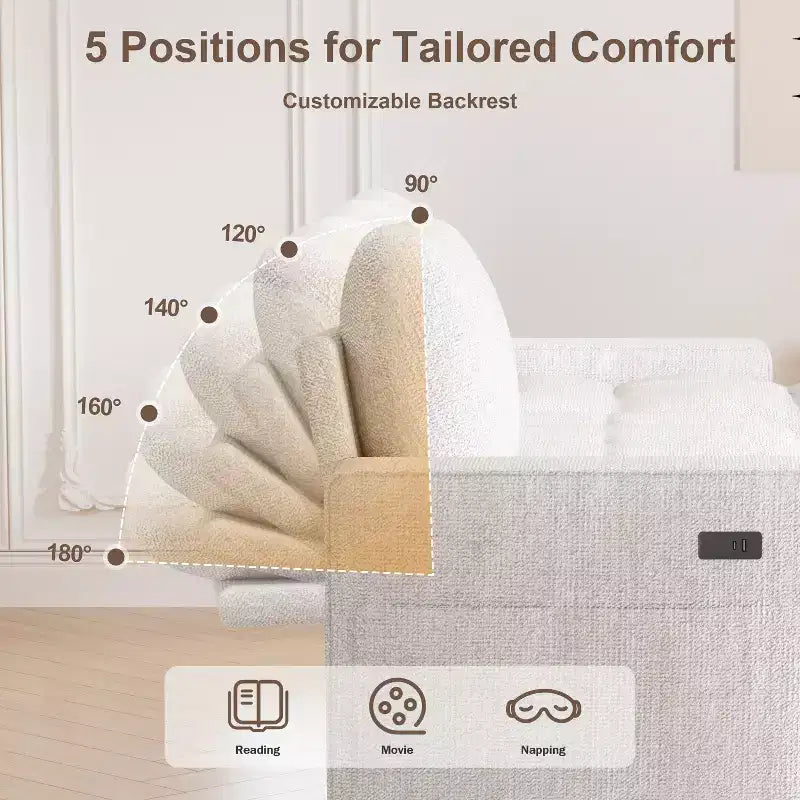 Divano componibile Dyonery Sleeper con letto estraibile, chaise longue contenitore, schienale regolabile e USB, ciniglia