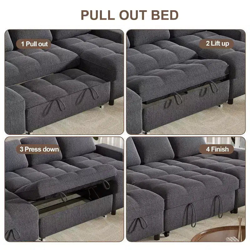 Divano componibile Dyonery Sleeper con letto estraibile, chaise longue contenitore, schienale regolabile e USB, ciniglia