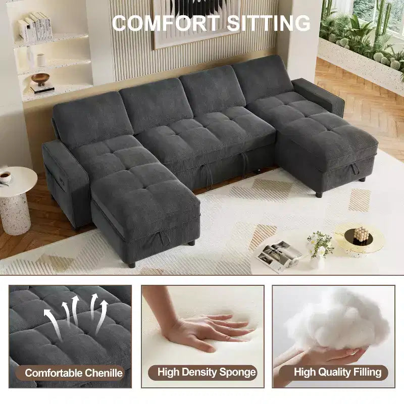 Divano componibile Dyonery Sleeper con letto estraibile, chaise longue contenitore, schienale regolabile e USB, ciniglia