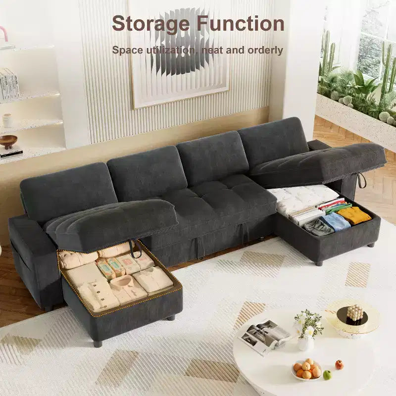 Divano componibile Dyonery Sleeper con letto estraibile, chaise longue contenitore, schienale regolabile e USB, ciniglia