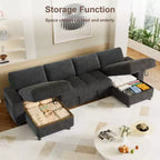 Divano componibile Dyonery Sleeper con letto estraibile, chaise longue contenitore, schienale regolabile e USB, ciniglia