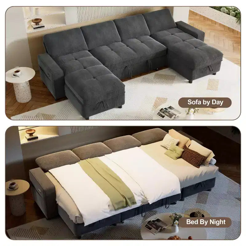 Divano componibile Dyonery Sleeper con letto estraibile, chaise longue contenitore, schienale regolabile e USB, ciniglia