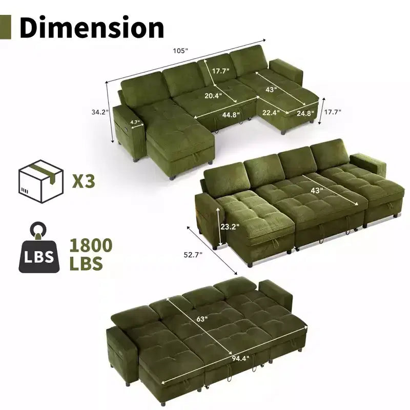 Divano componibile Dyonery Sleeper con letto estraibile, chaise longue contenitore, schienale regolabile e USB, ciniglia