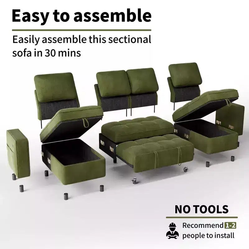 Divano componibile Dyonery Sleeper con letto estraibile, chaise longue contenitore, schienale regolabile e USB, ciniglia