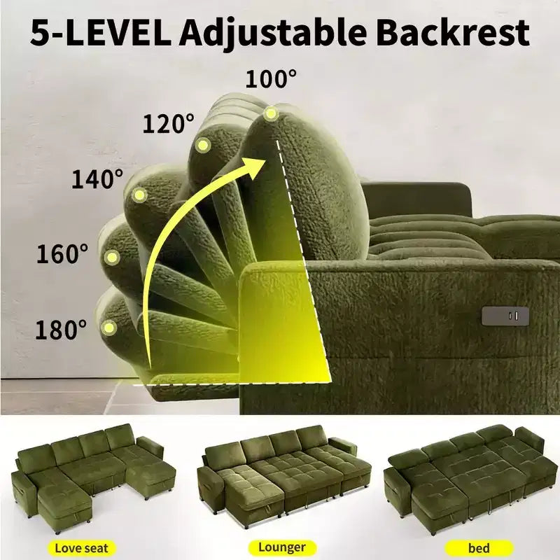 Divano componibile Dyonery Sleeper con letto estraibile, chaise longue contenitore, schienale regolabile e USB, ciniglia