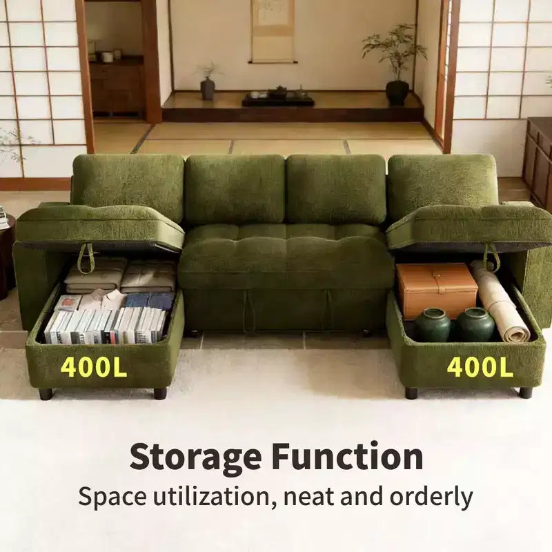 Divano componibile Dyonery Sleeper con letto estraibile, chaise longue contenitore, schienale regolabile e USB, ciniglia