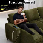 Divano componibile Dyonery Sleeper con letto estraibile, chaise longue contenitore, schienale regolabile e USB, ciniglia