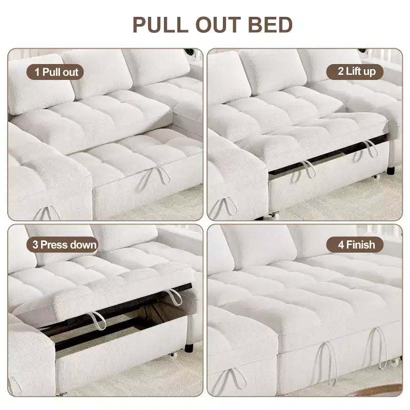 Divano componibile Dyonery Sleeper con letto estraibile, chaise longue contenitore, schienale regolabile e USB, ciniglia