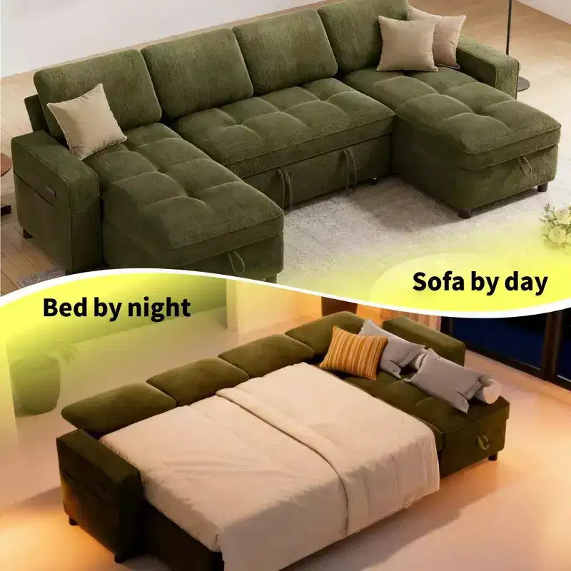 Divano componibile Dyonery Sleeper con letto estraibile, chaise longue contenitore, schienale regolabile e USB, ciniglia