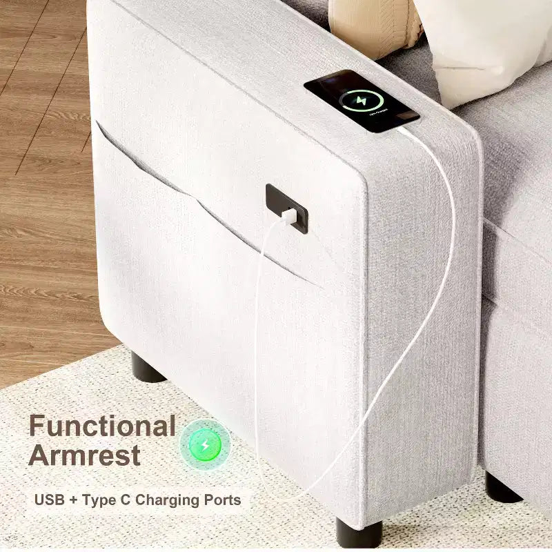 Divano componibile Dyonery Sleeper con letto estraibile, chaise longue contenitore, schienale regolabile e USB, ciniglia