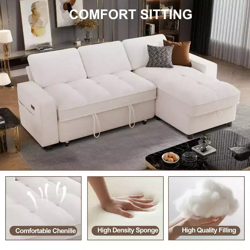 Divano componibile Dyonery Sleeper con letto estraibile, chaise longue contenitore, schienale regolabile e USB, ciniglia