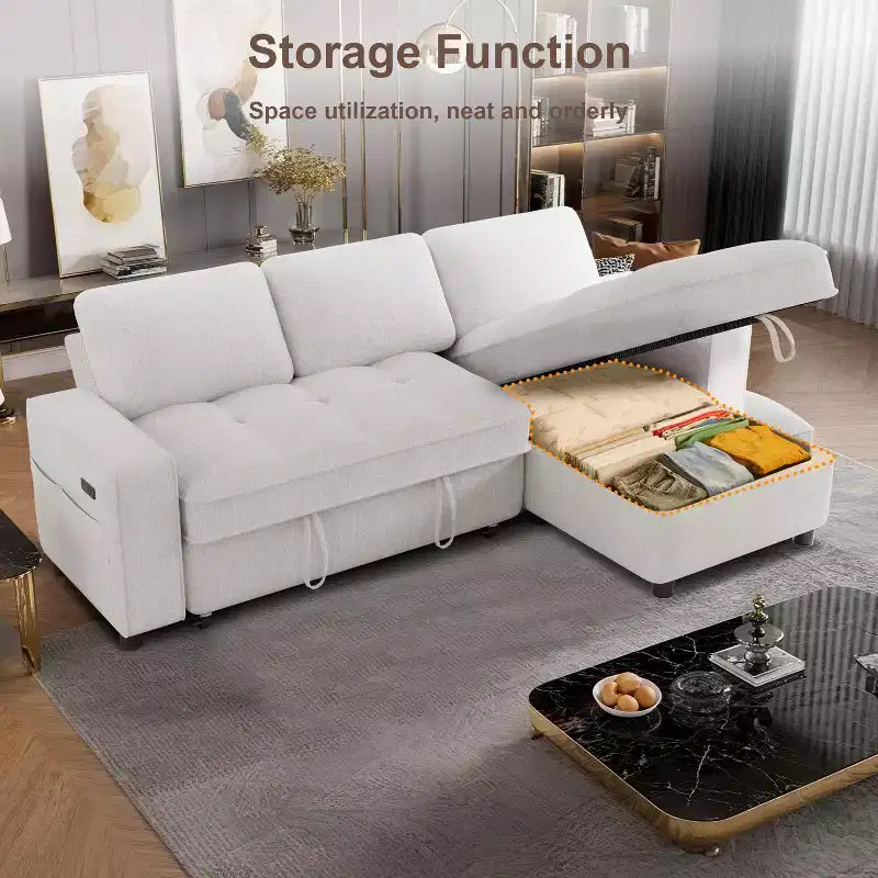 Divano componibile Dyonery Sleeper con letto estraibile, chaise longue contenitore, schienale regolabile e USB, ciniglia