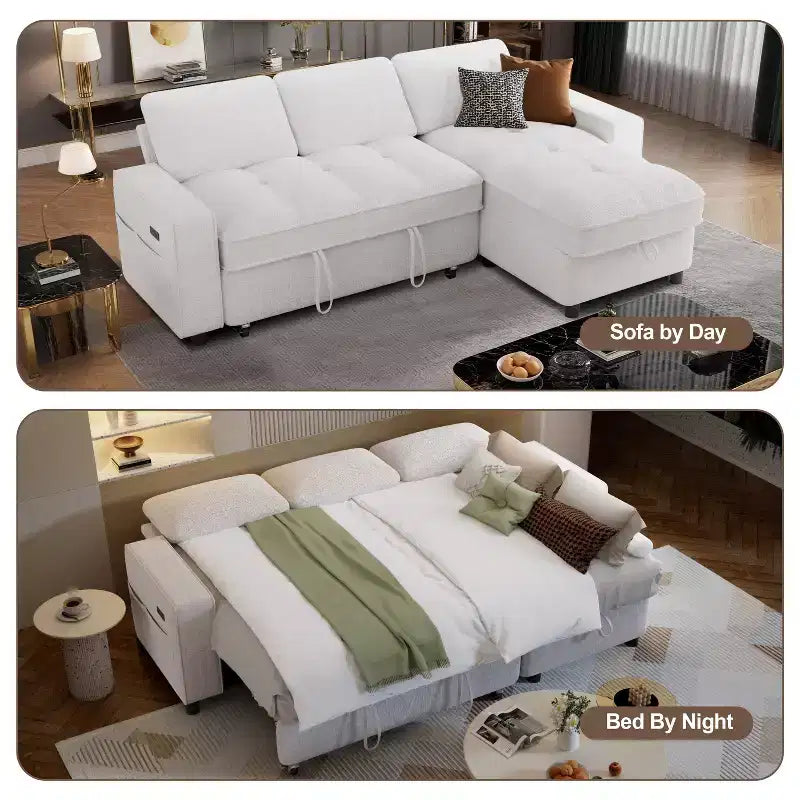 Divano componibile Dyonery Sleeper con letto estraibile, chaise longue contenitore, schienale regolabile e USB, ciniglia