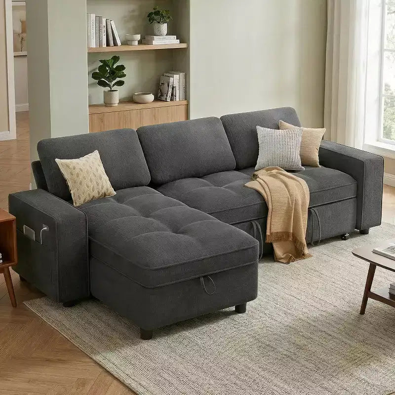 Divano componibile Dyonery Sleeper con letto estraibile, chaise longue contenitore, schienale regolabile e USB, ciniglia