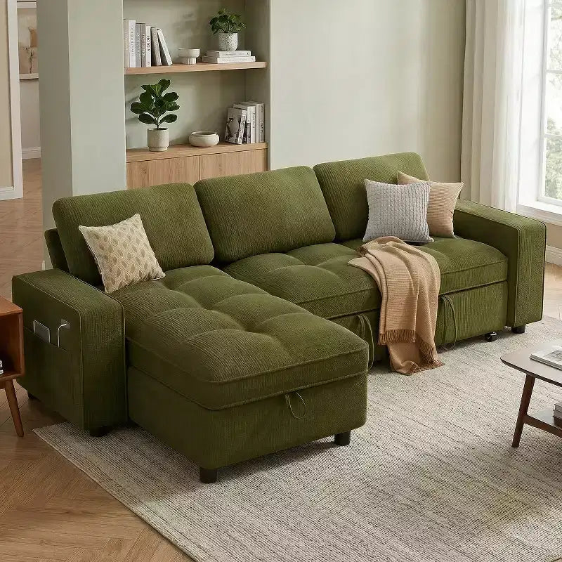 Divano componibile Dyonery Sleeper con letto estraibile, chaise longue contenitore, schienale regolabile e USB, ciniglia