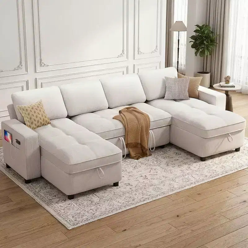 Divano componibile Dyonery Sleeper con letto estraibile, chaise longue contenitore, schienale regolabile e USB, ciniglia