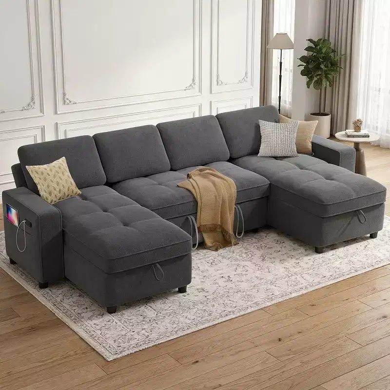 Divano componibile Dyonery Sleeper con letto estraibile, chaise longue contenitore, schienale regolabile e USB, ciniglia