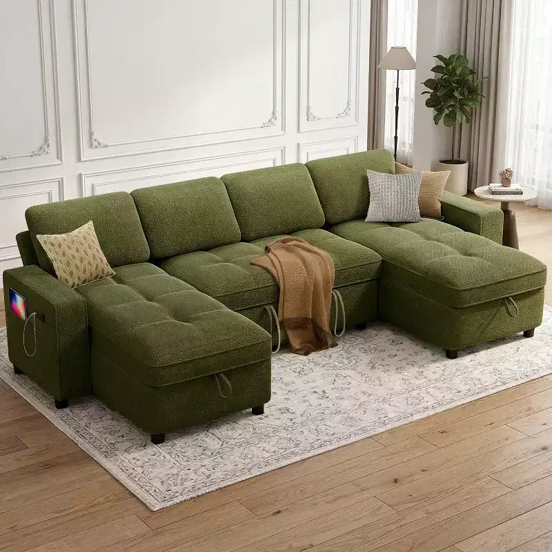 Divano componibile Dyonery Sleeper con letto estraibile, chaise longue contenitore, schienale regolabile e USB, ciniglia
