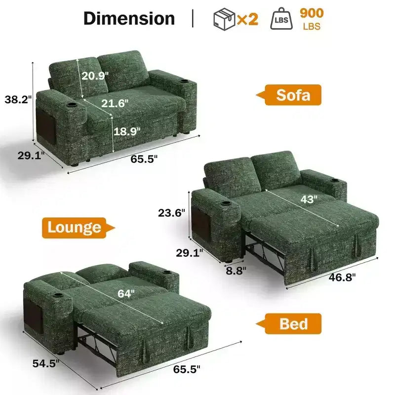 Dyonery 65.5 Divano Letto Trasformabile 4 in 1 con Schienali Regolabili, Ricarica USB e Type-C, Portabicchieri, Tasche Laterali, Montaggio Senza Attrezzi, Verde