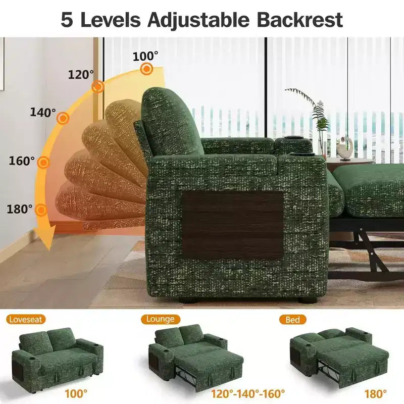 Dyonery 65.5 Divano Letto Trasformabile 4 in 1 con Schienali Regolabili, Ricarica USB e Type-C, Portabicchieri, Tasche Laterali, Montaggio Senza Attrezzi, Verde