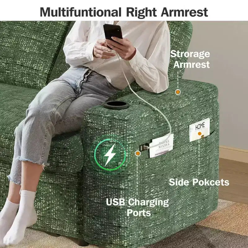 Dyonery 65.5 Divano Letto Trasformabile 4 in 1 con Schienali Regolabili, Ricarica USB e Type-C, Portabicchieri, Tasche Laterali, Montaggio Senza Attrezzi, Verde