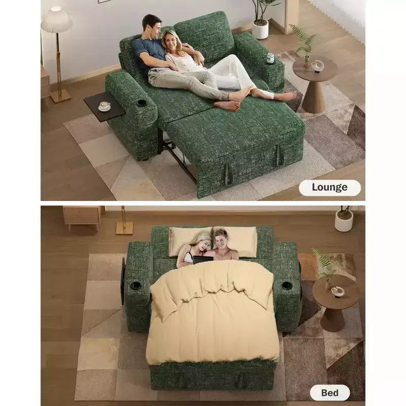 Dyonery 65.5 Divano Letto Trasformabile 4 in 1 con Schienali Regolabili, Ricarica USB e Type-C, Portabicchieri, Tasche Laterali, Montaggio Senza Attrezzi, Verde
