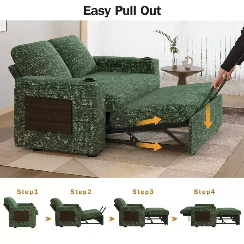 Dyonery 65.5 Divano Letto Trasformabile 4 in 1 con Schienali Regolabili, Ricarica USB e Type-C, Portabicchieri, Tasche Laterali, Montaggio Senza Attrezzi, Verde