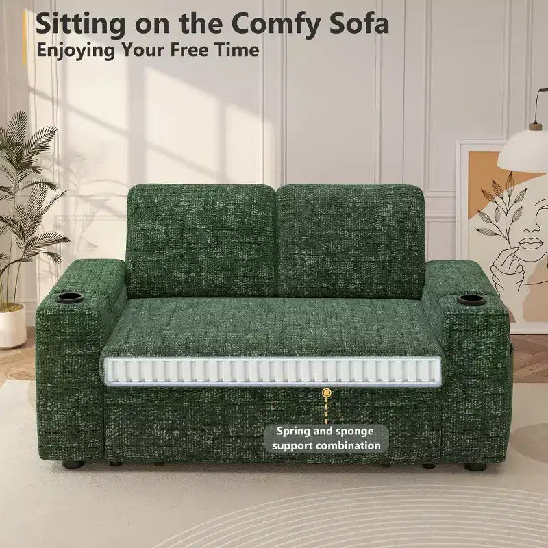 Dyonery 65.5 Divano Letto Trasformabile 4 in 1 con Schienali Regolabili, Ricarica USB e Type-C, Portabicchieri, Tasche Laterali, Montaggio Senza Attrezzi, Verde