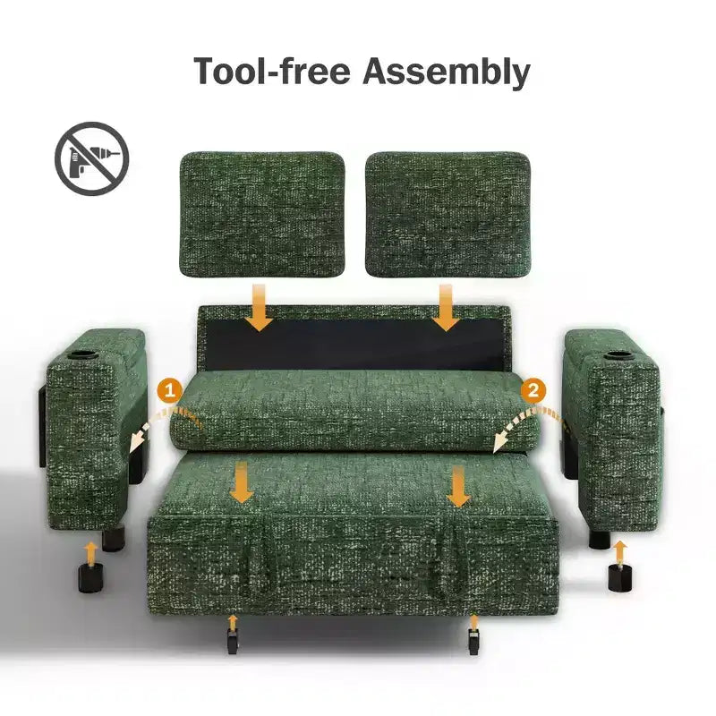 Dyonery 65.5 Divano Letto Trasformabile 4 in 1 con Schienali Regolabili, Ricarica USB e Type-C, Portabicchieri, Tasche Laterali, Montaggio Senza Attrezzi, Verde