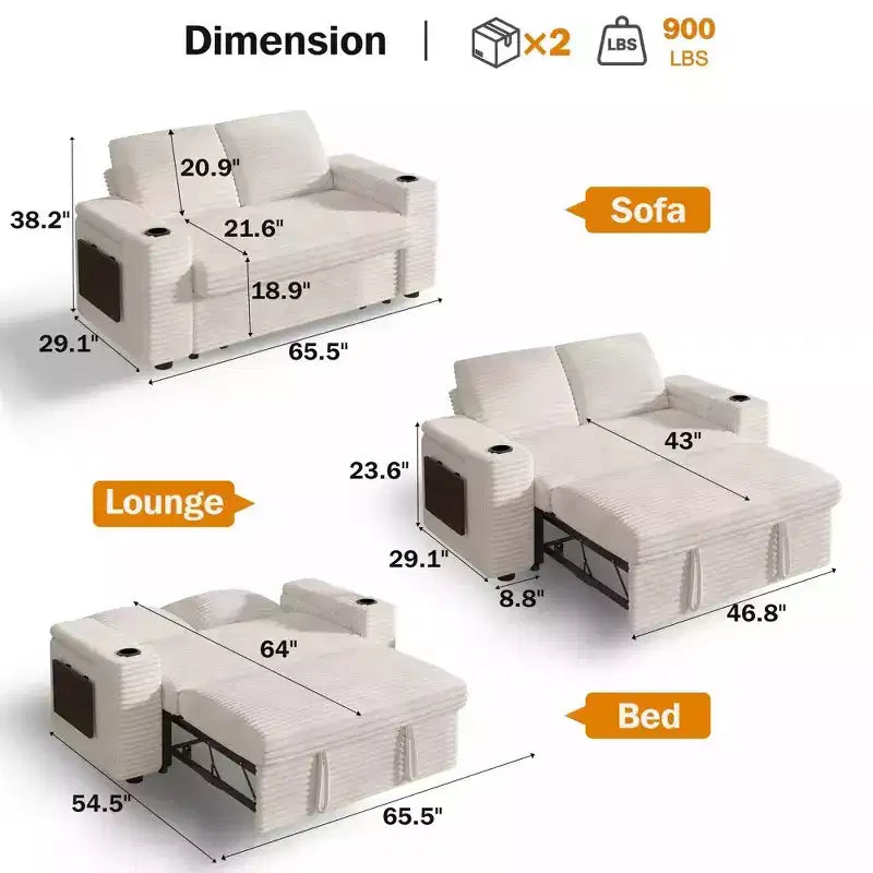 Dyonery 65.5 Divano Letto Trasformabile 4 in 1 con Schienali Regolabili, Ricarica USB e Type-C, Portabicchieri, Tasche Laterali, Montaggio Senza Attrezzi, Verde