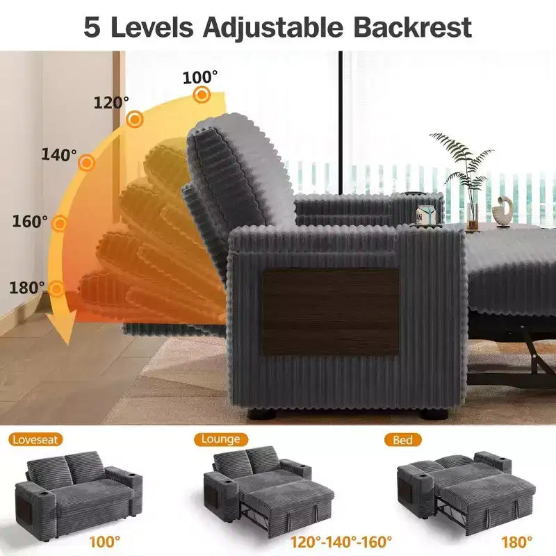 Dyonery 65.5 Divano Letto Trasformabile 4 in 1 con Schienali Regolabili, Ricarica USB e Type-C, Portabicchieri, Tasche Laterali, Montaggio Senza Attrezzi, Verde