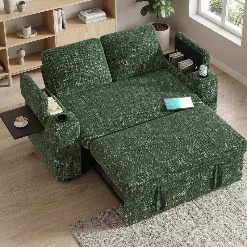 Dyonery 65.5 Divano Letto Trasformabile 4 in 1 con Schienali Regolabili, Ricarica USB e Type-C, Portabicchieri, Tasche Laterali, Montaggio Senza Attrezzi, Verde