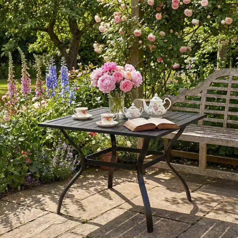 NAYSAYE Metal Steel Slat Patio Dining Table 36 Inch Square Outdoor Bistro Table with Umbrella Hole for Garden Backyard, Black, 37.01*37.01*28.35
