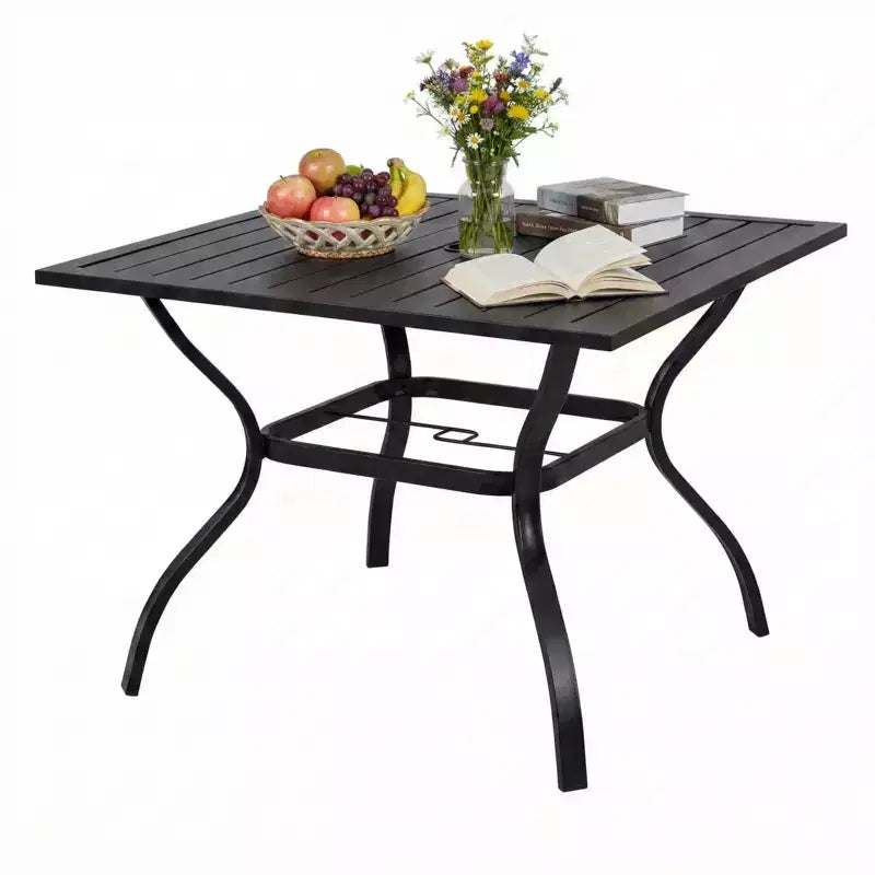 NAYSAYE Tavolo da pranzo da esterno in metallo e acciaio con doghe, tavolo da bistrò quadrato da 91 cm con foro per ombrellone per giardino e cortile, nero, 94*94*72 cm