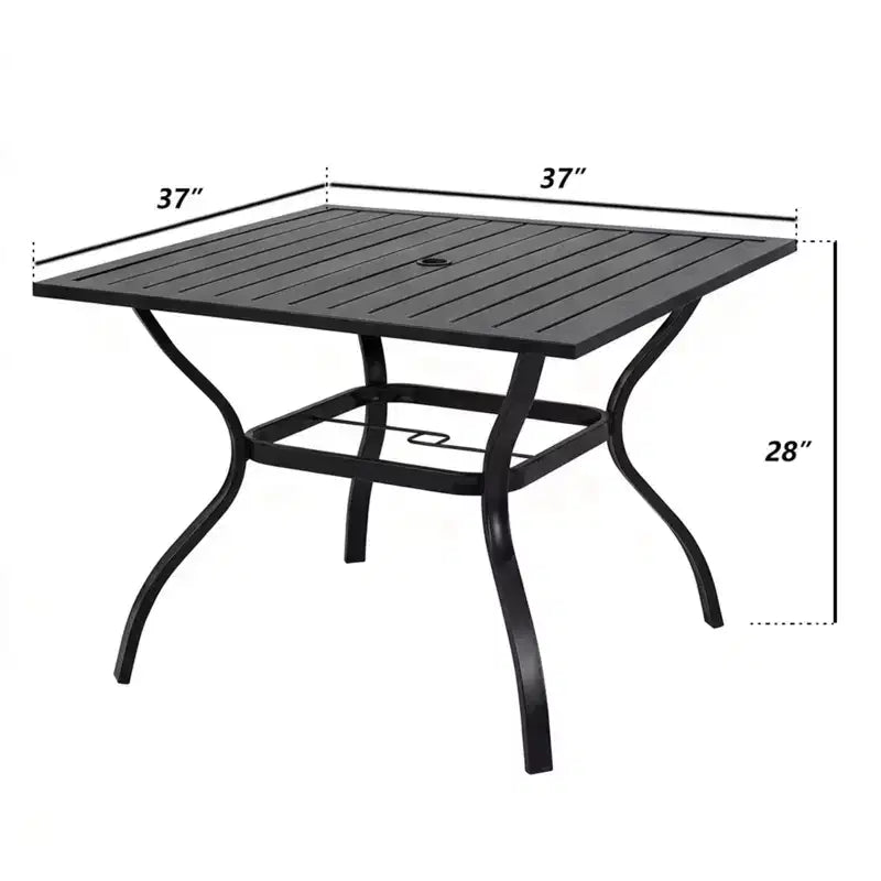 NAYSAYE Tavolo da pranzo da esterno in metallo e acciaio con doghe, tavolo da bistrò quadrato da 91 cm con foro per ombrellone per giardino e cortile, nero, 94*94*72 cm
