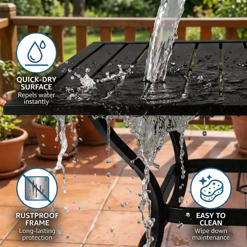 NAYSAYE Tavolo da pranzo da esterno in metallo e acciaio con doghe, tavolo da bistrò quadrato da 91 cm con foro per ombrellone per giardino e cortile, nero, 94*94*72 cm