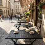 NAYSAYE Tavolo da pranzo da esterno in metallo e acciaio con doghe, tavolo da bistrò quadrato da 91 cm con foro per ombrellone per giardino e cortile, nero, 94*94*72 cm