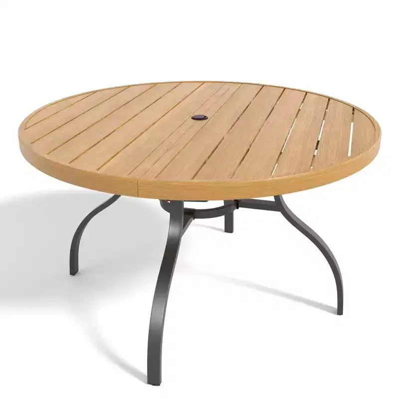 NAYSAYE Tavolo da patio rotondo con doghe in finto legno Foro per ombrellone a grana realistica Resistente alla ruggine per esterni, 41,14*41,14*28,35