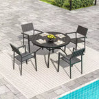 NAYSAYE Tavolo da patio rotondo con doghe in finto legno Foro per ombrellone a grana realistica Resistente alla ruggine per esterni, 41,14*41,14*28,35