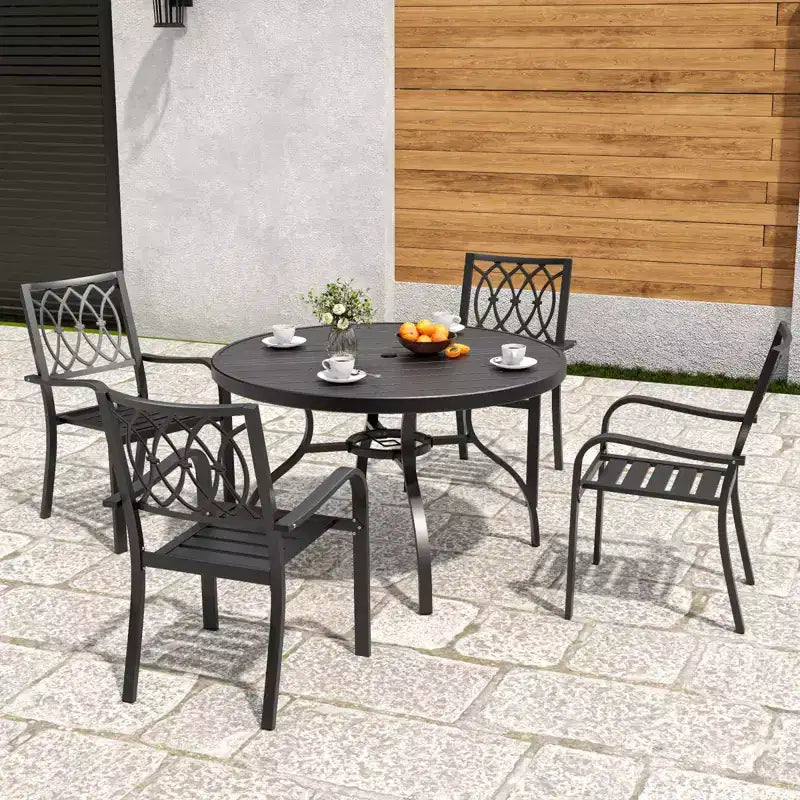 NAYSAYE Tavolo da patio rotondo con doghe in finto legno Foro per ombrellone a grana realistica Resistente alla ruggine per esterni, 41,14*41,14*28,35